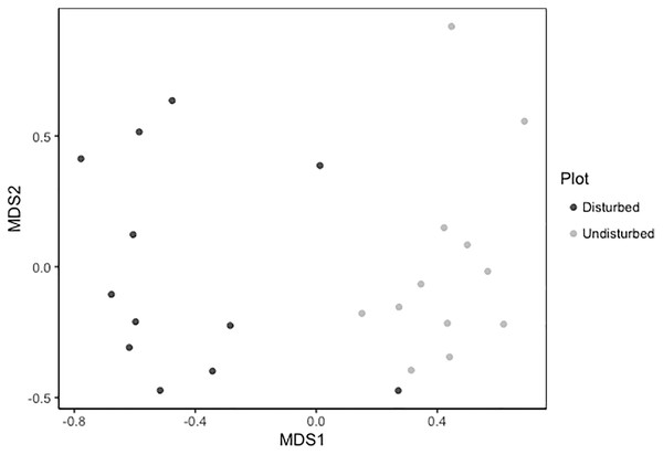 Metric multidimensional scaling (MDS) of disturbed and undisturbed community composition.