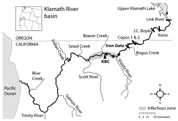 Map of the Klamath River basin in the United States of America.