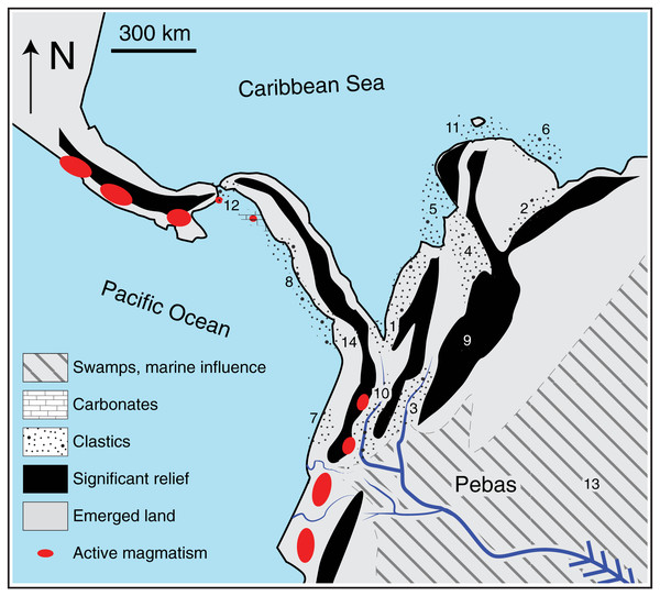 Paleogeographic reconstruction at middle Miocene times (~13 Ma, modified from Montes et al., 2021).