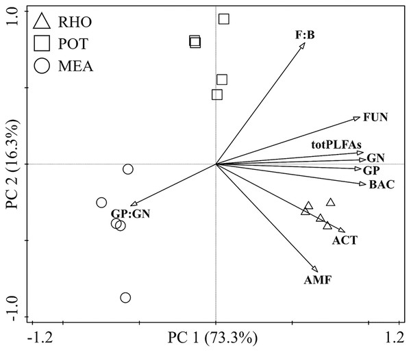 Principal component analysis of soil microbial community in the three vegetation types.