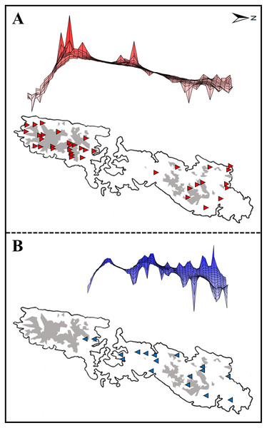 Upper: A lateral view of the result of a genetic landscape-shape interpolation analysis for Group A (A) and Group B (B). Lower map: Sampling localities of Group A (red triangles) and Group B (blue inverse triangles).