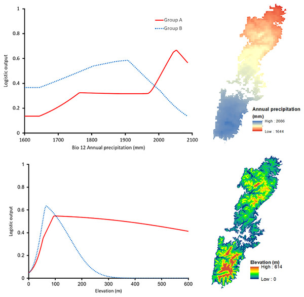 Left: The response curves of the annual precipitation (upper) and elevation (lower) of Group A (red solid line) and Group B (blue dashed line). Right: Distribution of the variables on Tsushima Island.