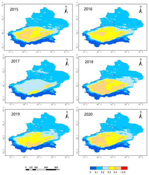 Spatial distributions of AOD of 2015–2020.