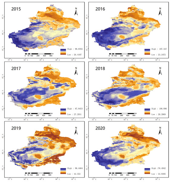 The annual PM2.5 concentration distributions in Xinjiang from 2015 to 2020.