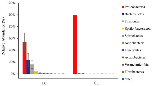 Relative abundance of top 10 OTU’s for P. canaliculata (PC) and C. chinensis (CC) at the phylum level.