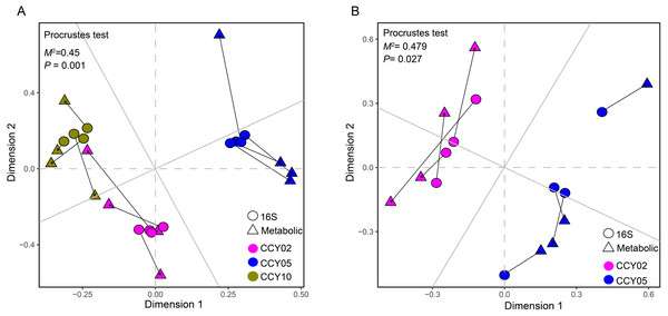 Relationships between bacterial community structure and Functional gene profiles from non-targeted metabolomic analysis during (A) long-term and (B) short-term of continuous monocropping years, respectively.