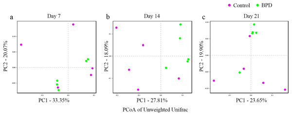 PCoA analysis based on un-weight Unifrac distance between groups.