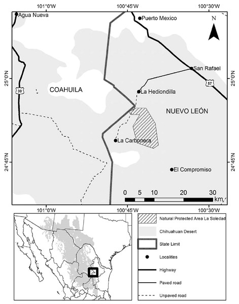 Location of State Natural Protected Area Llano La Soledad, Galeana, N.L., Mexico.