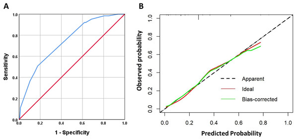 The receiver operating characteristic curve (ROC) (A) and calibration curve (B) of multivariable analysis model.