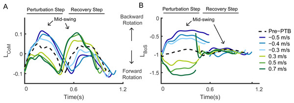 Whole-body angular momentum in the sagittal plane with respect to two reference points during pre-perturbation, perturbation, and the following recovery steps for one representative participant.