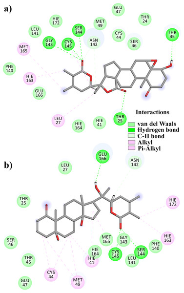 A 2D representation of withanolides and 3CLpro important interactions. (A) WS7_v1 (B) WS11 (interactions are depicted in different colors: lawn green—conventional hydrogen bonds, light green—van der Waals interactions, tea green—carbon hydrogen bond, pink—alkyl and pi-alkyl interactions).