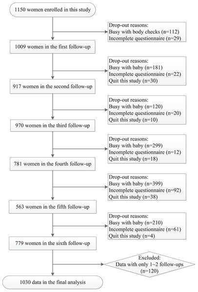 A flowchart of the sample election and follow-ups from late pregnancy to 6 months after delivery in this study.