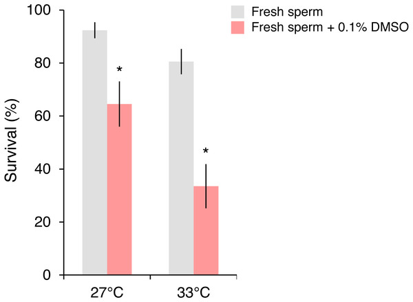 Survival of Platygyra daedalea larvae (mean % ± standard error) bred from Persian Gulf eggs and local fresh sperm either without or with cryoprotectant added (0.1% DMSO) during the fertilization period (4 h) at 27 °C and 33 °C.