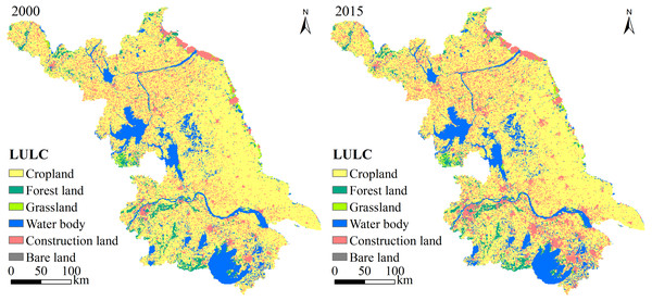 Spatiotemporal variation in LULC types in Jiangsu Province from 2000 to 2015.