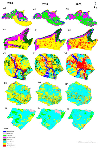Synergic change in land cover in the part of study area from 2000 to 2010. Here, (A1–A3) land cover change in Old Padampur area; (B1–B3) land cover change in New Padampur area; (C1–C3) land cover change in Byas area; (D1–D3) land cover change in Panchase Protected Forest and associated area; (E1-E3) land cover change in the part of Annapurna Conservation Area.