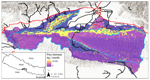 Study area in Chitwan, Nepal (83.8E, 27.7N; 84.8E, 27.3N), including both the national park and its buffer zone.