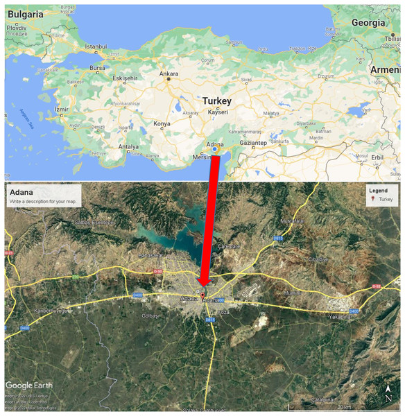 Location of the Adana in the Turkey map (Maps data: Google, CNES/Airbus, Landset/Copernicus, Maxar Technologies).