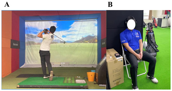Experimental setting for assessment of golf performance (A) and music intervention (B).