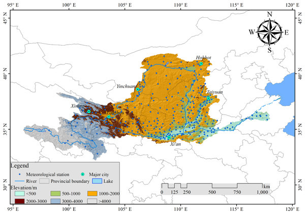 Location of the Yellow River Basin and distribution of meteorological stations.