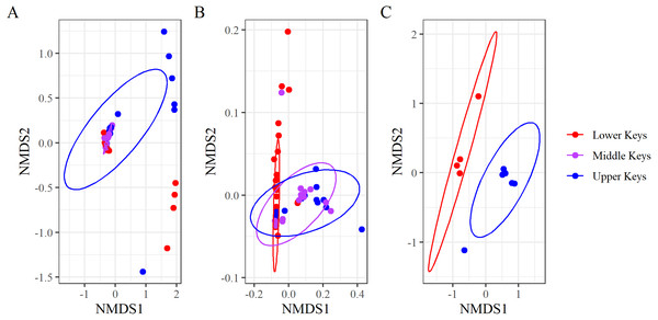 Non-metric multidimensional scaling analysis of the Bray–Curtis Distances grouping microbiome compositions by initial collection region.
