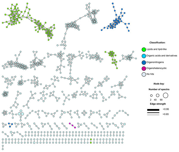Molecular network of soil samples (S1–S10) grouped metabolite features into 139 chemical families.