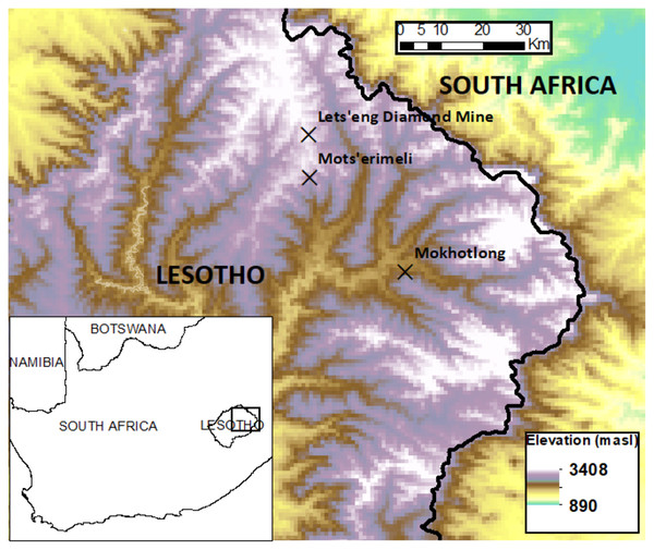 Map of Lesotho indicating the principal localities where the study took place.