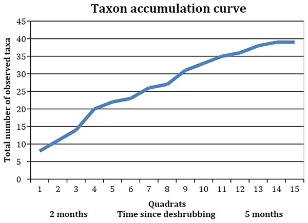 Taxon accumulation curve, showing the accumulation of observed taxa in the quadrats, which were collected in reverse order to the areas’ deshrubbing.