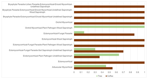 Mycorrhizal guild frequency per plant type, detected in bark samples obtained from four microsites on coffee bushes and shade trees in two shade-coffee plantations in Soconusco, Chiapas, Mexico.