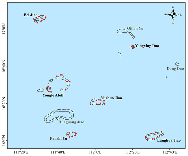 Six regions in the Xisha Islands with 44 coral reef monitoring sites denoted by red dots.