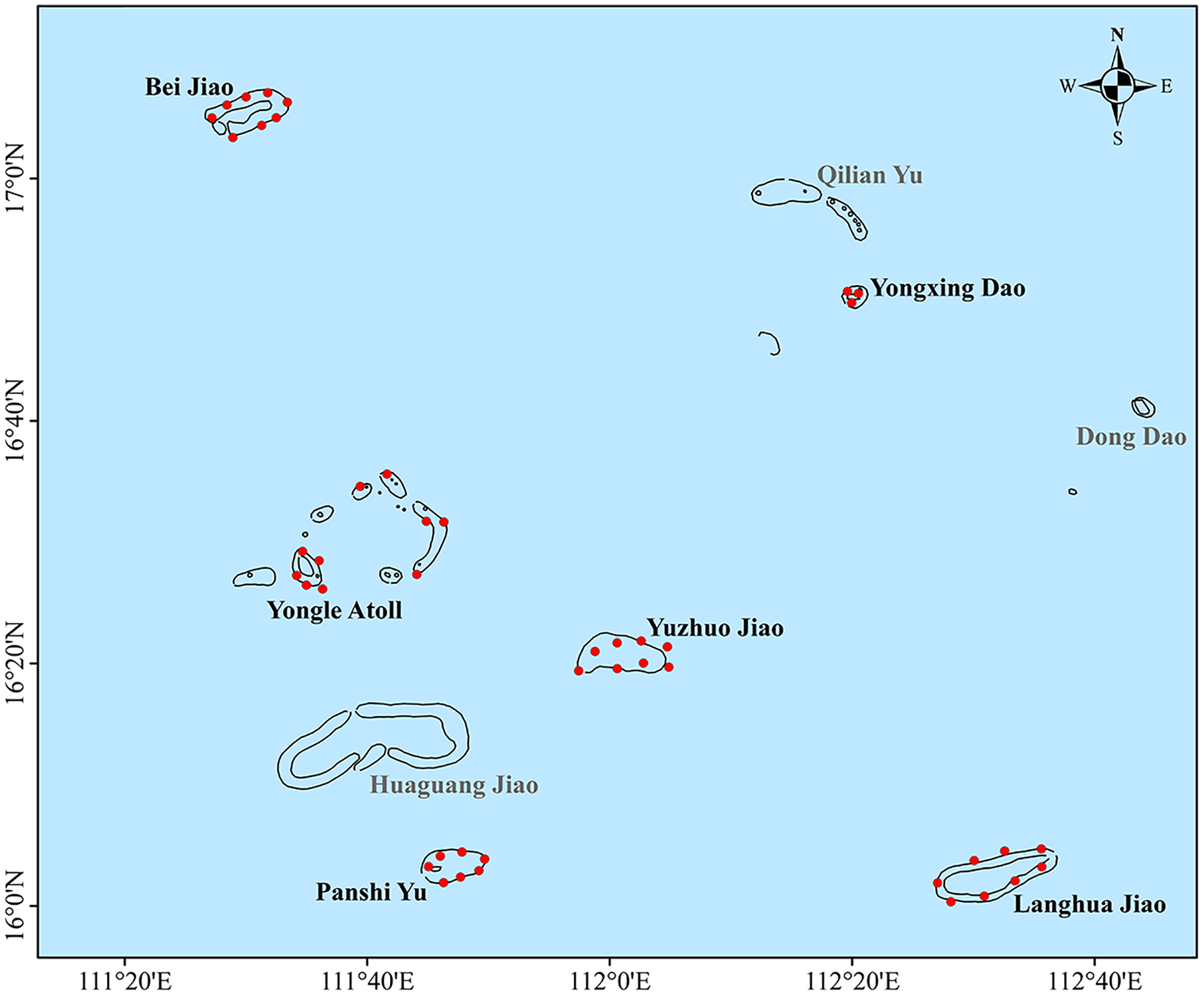 Map of the study area with location of the sites with red coral (red
