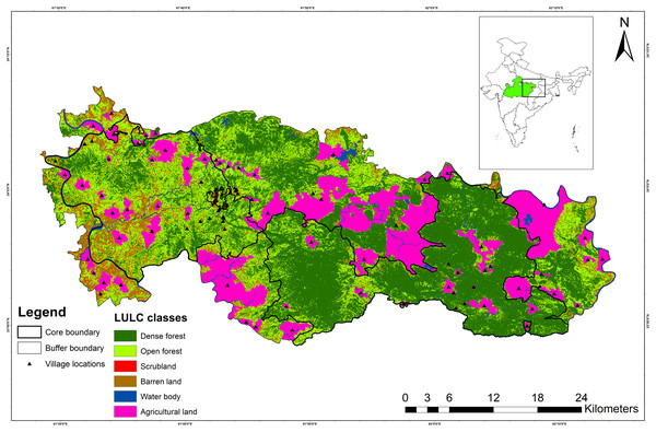 Map showing Sanjay Tiger Reserve with land use land cover (LULC) classes and location of villages; Inset shows the location of Sanjay Tiger Reserve in Madhya Pradesh, India.