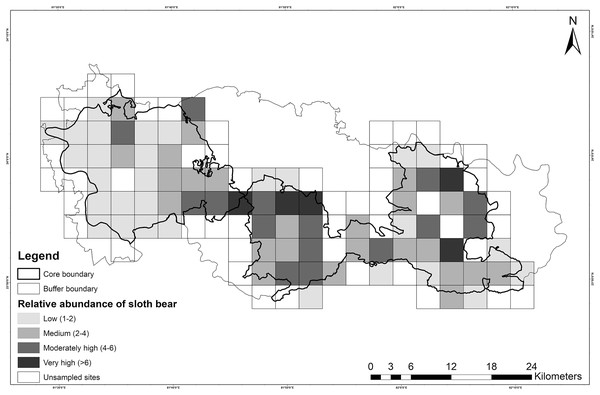 Map showing the relative abundance of sloth bears in Sanjay Tiger Reserve, Madhya Pradesh, India, during 2016–2017; Estimates were based on the most parsimonious Poisson distribution model.