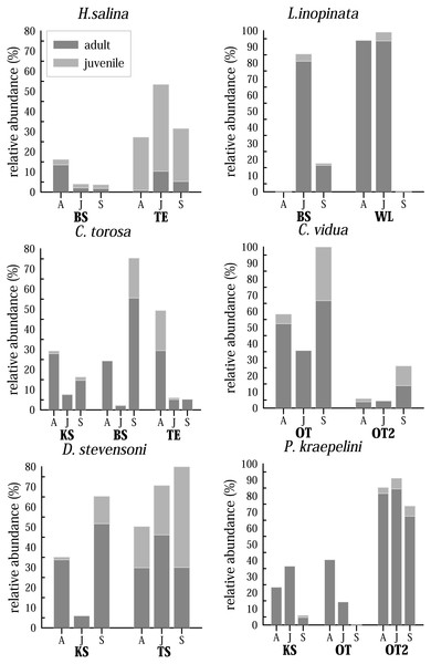 Seasonal distribution of selected most common and abundant living species in selected waterbodies differentiated for adult and juveniles in April (A), June (J) and September (S).