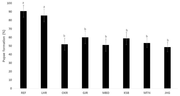 Percentage of larvae of different strains of Aedes albopictus converted to pupal stage (mean ± S.E.).
