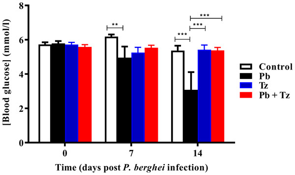 Comparison of the effects of Plasmodium berghei (Pb) and Trichinella zimbabwensis (Tz) mono-infection and co-infection (Pb + Tz) on blood glucose concentration.