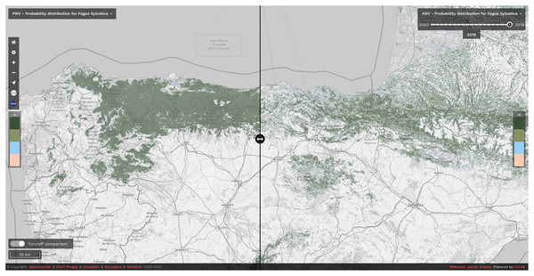 Difference between potential and realized distribution for Fagus sylvatica in Northern Spain for the period 2018–2020 visualized using slider in the Open Environmental Data Cube Europe viewer (https://ecodatacube.eu).