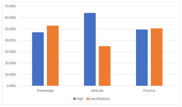 Distribution of knowledge, attitude, and practice (KAP) scores categories among the participants (n = 384).