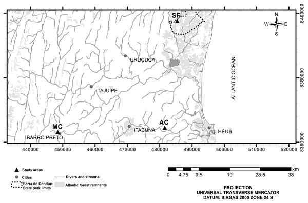 Location of study sites in secondary forest (SF), a managed AFS (MC) and an abandoned AFS (AC) in northeastern Brazil.