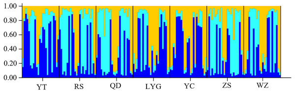 STRUCTURE bar plots from twelve microsatellite loci for seven localities of L. polyactis).
