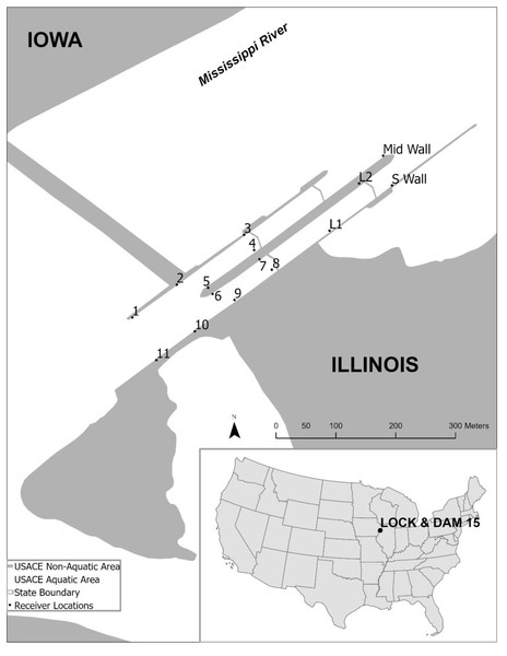 Location of the study area at Lock and Dam 15 located in Davenport, Iowa, USA.