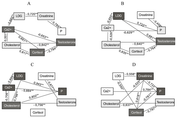 (A–D) Correlation between biochemical parameters of blood in group B athletes during 2 months of research in the conditions of high intensity training load regime (Ra = 0.72).