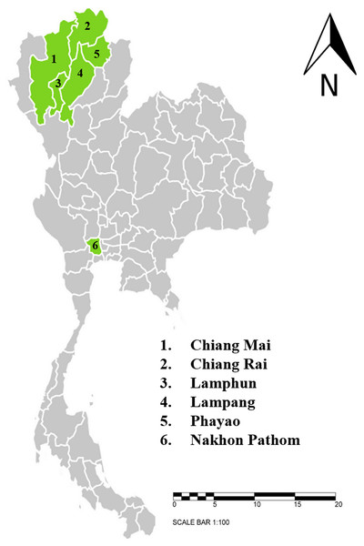 Sampling areas map in northern and central Thailand.