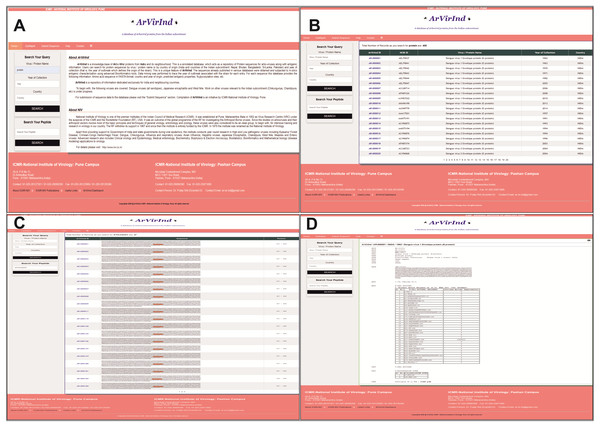 ArVirInd user interfaces: (A) homepage and search, (B) display of search record, (C) result of an epitope search as returned by the ‘Search Your Peptide’ option, (D) database record entry.