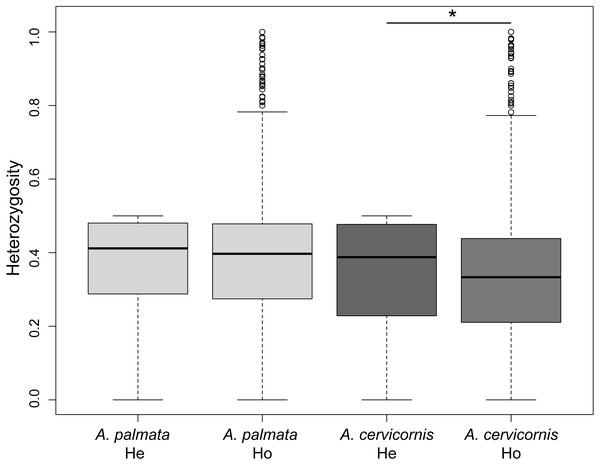 Genetic diversity estimates of Acropora palmata and A. cervicornis from Colombia.