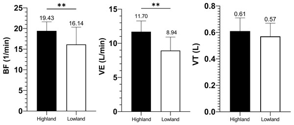 Ventilation variable comparisons of BF, VE and VT.