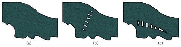 Schematic diagram of grid division: (A) no dam; (B) transverse dam; (C) longitudinal dam.