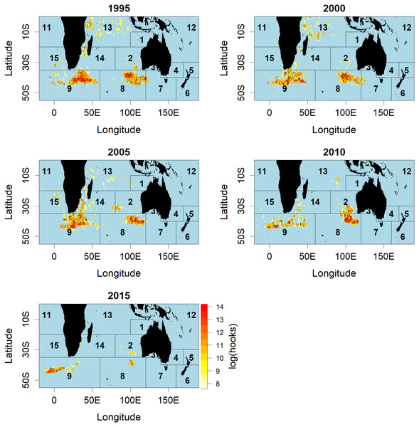 Distributions of fishing effort (hooks) of Korean tuna longline vessels fishing for SBT, aggregated by 5-year period.