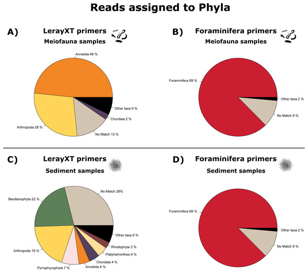 Pie charts showing the proportion of reads annotated on phylum level.