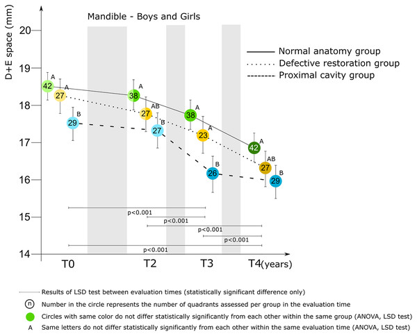 Mixed model ANCOVA results of the D+E space (mean score and 95% CI) for the three groups by evaluation time for boys and girls combined in the mandible.