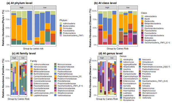 Bar plots showing the composition of bacterial communities by caries risk at (A) phylum, (B) class, (C) family, and (D) genus level across all samples at >1% abundance.